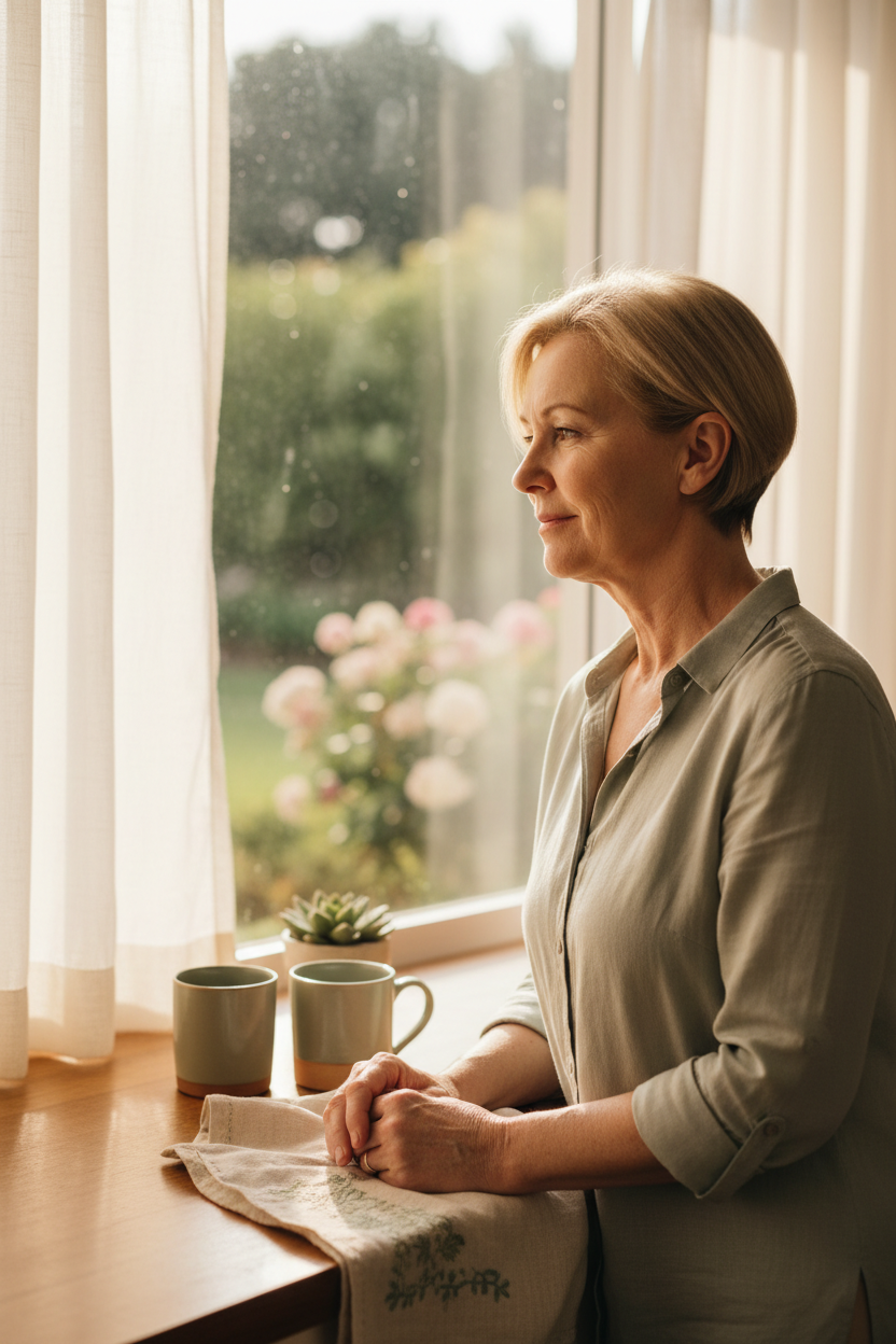 A 55-year-old South African woman standing at a sunlit kitchen window, hands resting on a folded linen tea towel, gazing softly outside, mid-morning light through sheer curtains