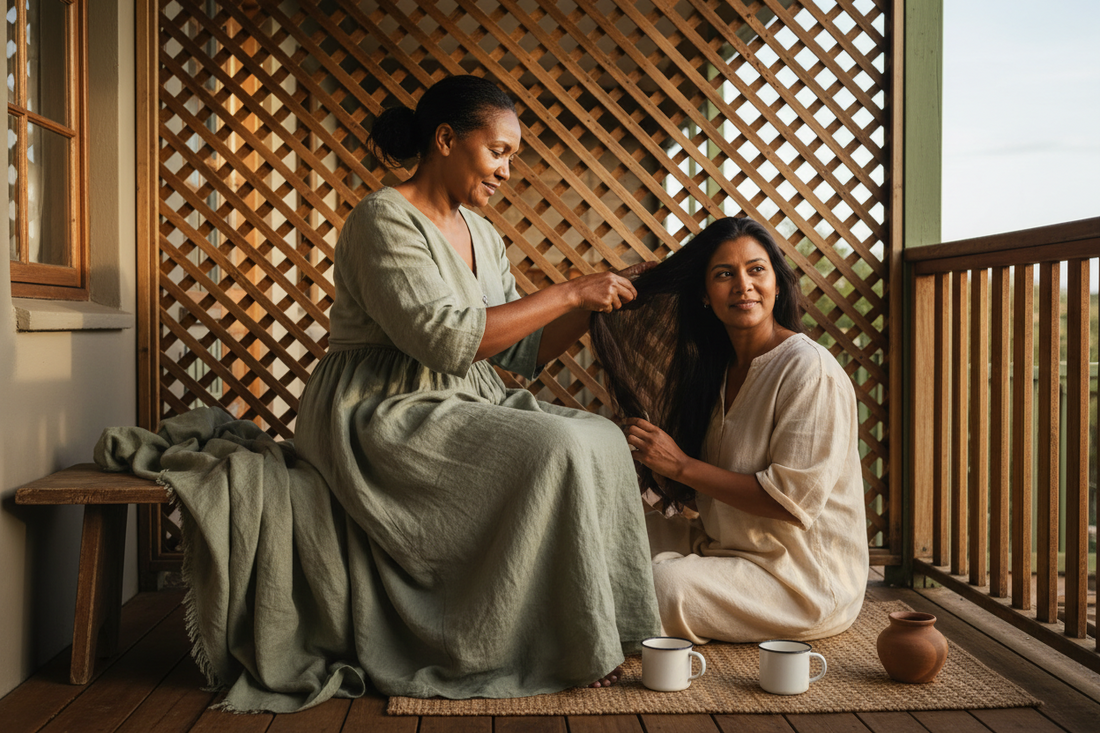 A 58-year-old South African woman gently brushing her adult daughter's hair on a sunlit veranda, warm early-morning side light through a wooden lattice screen
