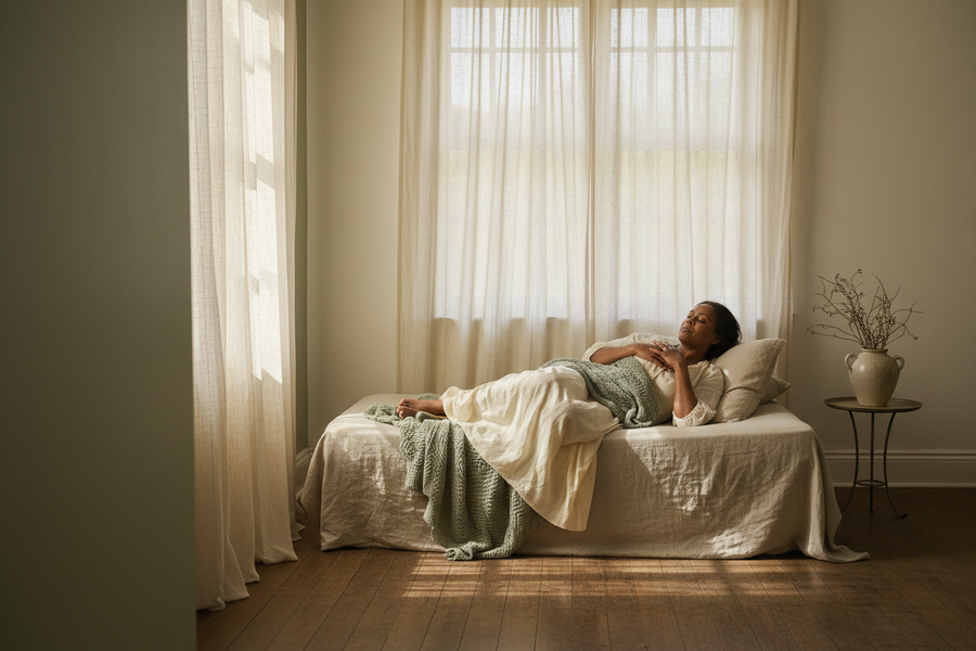 A 58-year-old South African woman resting on a linen daybed near a window, midday light through sheer curtains, eyes gently closed, soft cotton throw