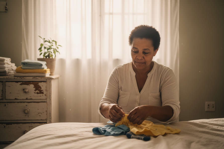 A 58-year-old South African woman with a tender, quietly tired expression, folding a child's small clothes on a linen-covered bed, soft morning light through gauze curtains