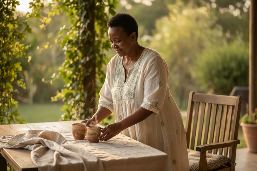 A 58-year-old South African woman smiling softly while setting two ceramic mugs of tea on a wooden table, sunlit garden veranda, early-morning side light through leafy vines
