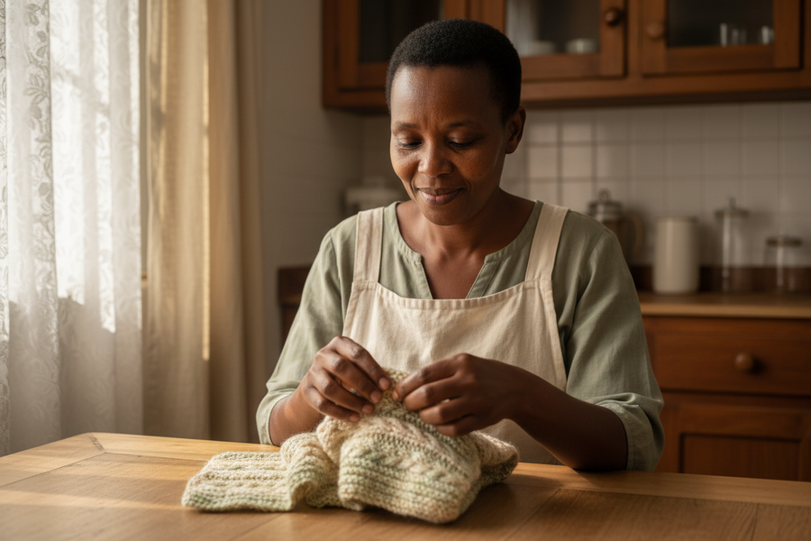 A 58-year-old South African woman gently folding a small knitted baby blanket at a sunlit kitchen table, timber cabinets and linen curtains, soft mid-morning side light through lace