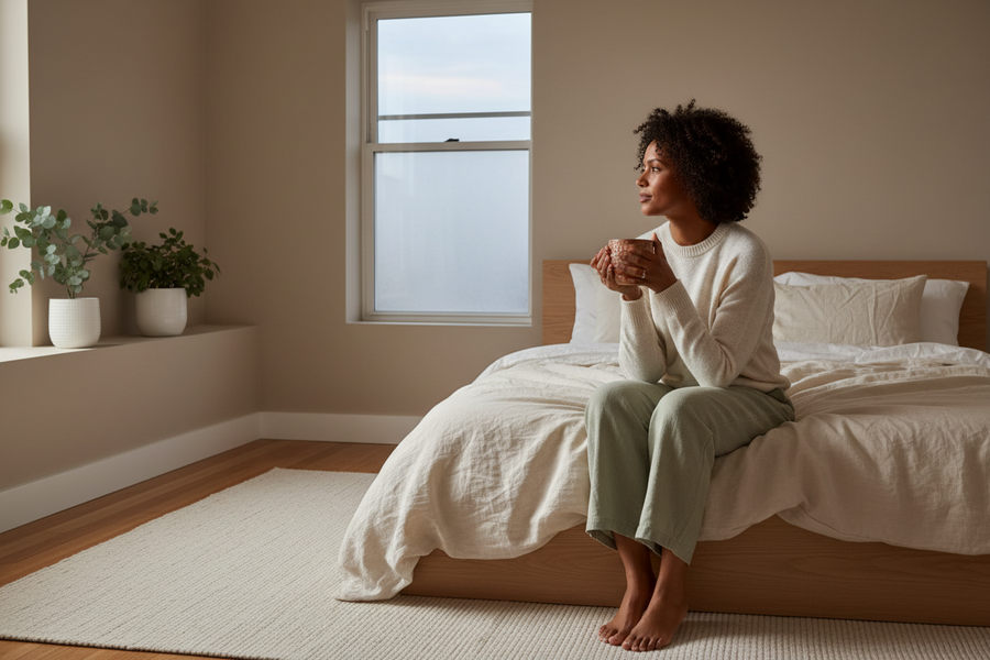 A photorealistic editorial image of a South African woman in her 30s with a natural, serene expression, sitting quietly on a neatly made linen bed in a sunlit bedroom with Scandinavian-inspired minimalism.