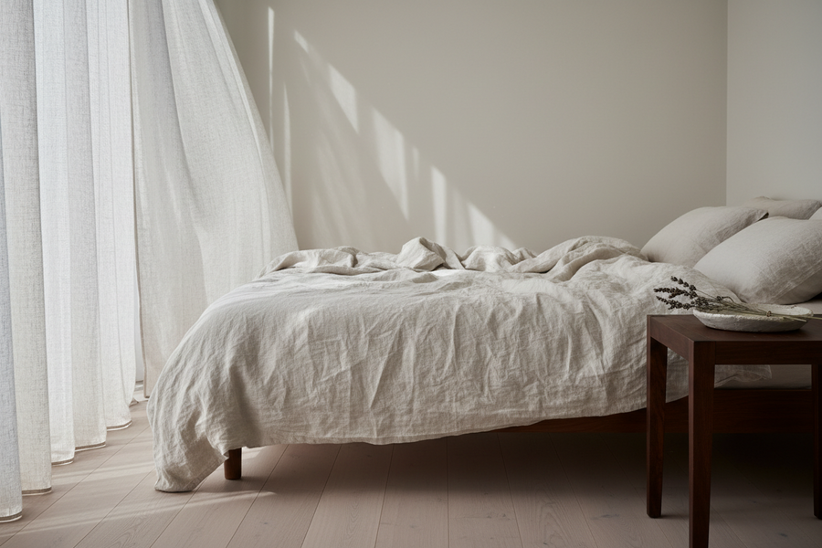 A photorealistic editorial photograph of a minimalist bedroom interior featuring unmade crisp linen bedding in warm ivory, a dark timber bedside table with a ceramic plate, and a delicate sprig of dried lavender.