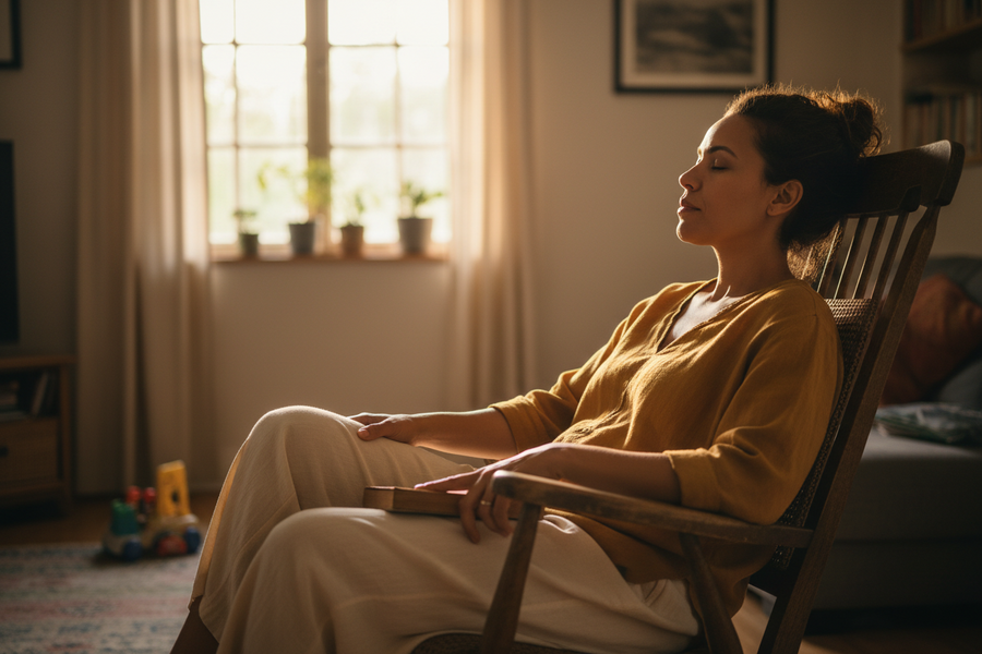 A photorealistic editorial photograph of a single South African mother in her 30s closing her eyes for a brief moment of quiet respite, sitting in a wooden rocking chair. Soft morning light falling across her face.