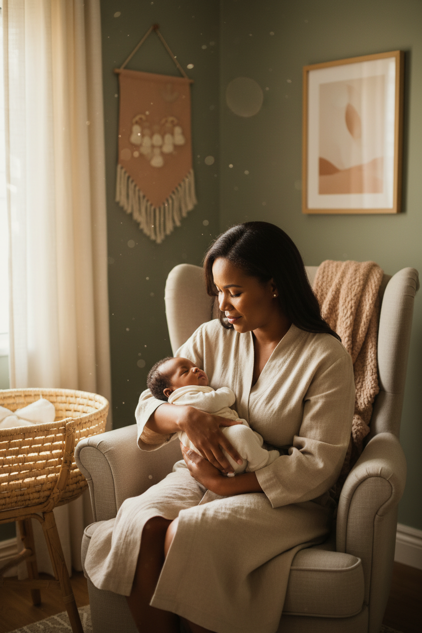 A photorealistic editorial photograph of a single South African mother in her early 30s sitting quietly in a sunlit nursery, wearing a soft linen robe, cradling a sleeping infant wrapped in a neutral cotton swaddle.