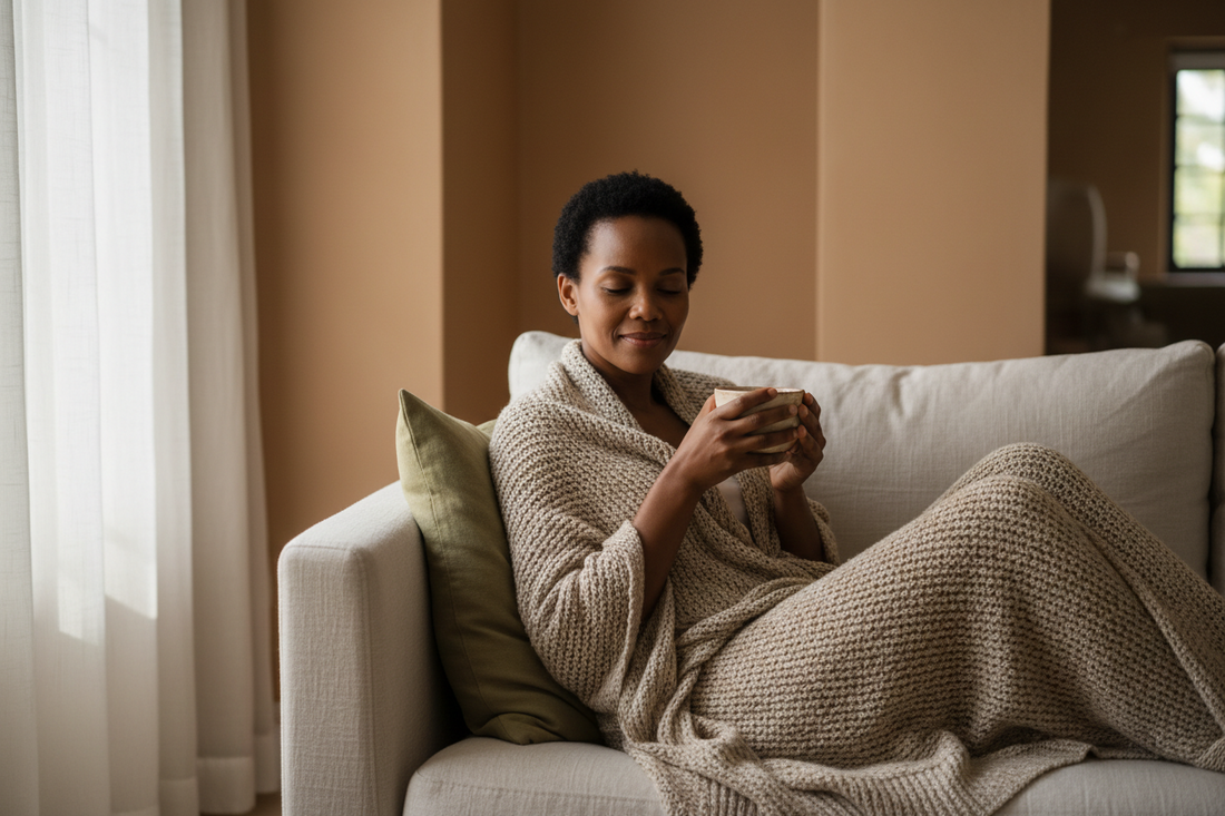 A photorealistic editorial photograph of a single South African woman in her 30s resting on a linen sofa, wrapped in a warm beige throw, holding a ceramic cup of herbal tea. Calm, reflective expression, soft natural window light.