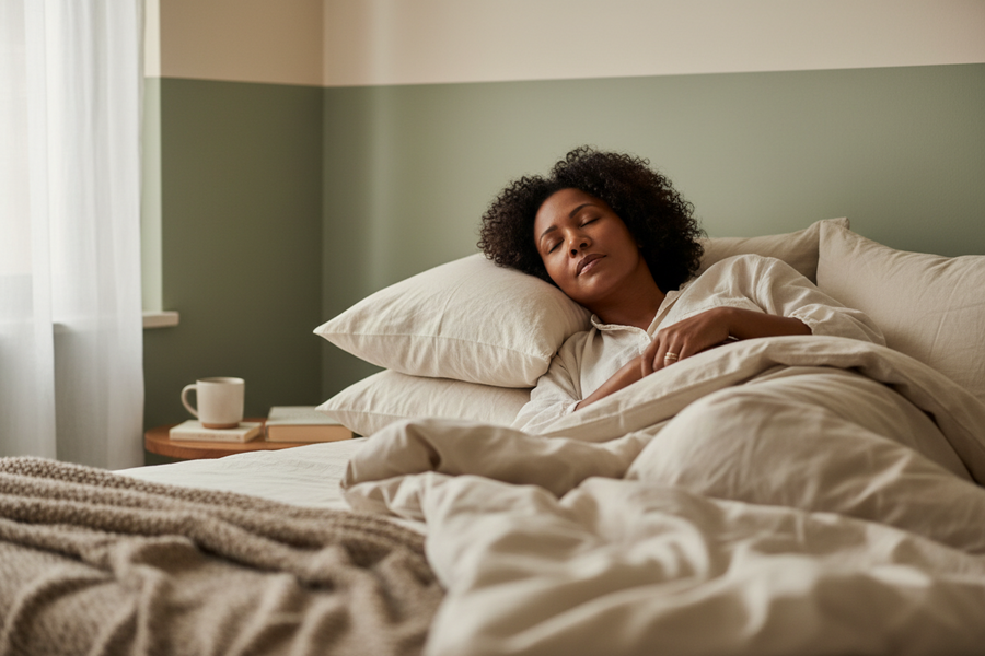 A photorealistic editorial photograph of a single South African woman in her 40s resting comfortably against plush linen pillows during a quiet afternoon, her eyes closed in peaceful reflection.