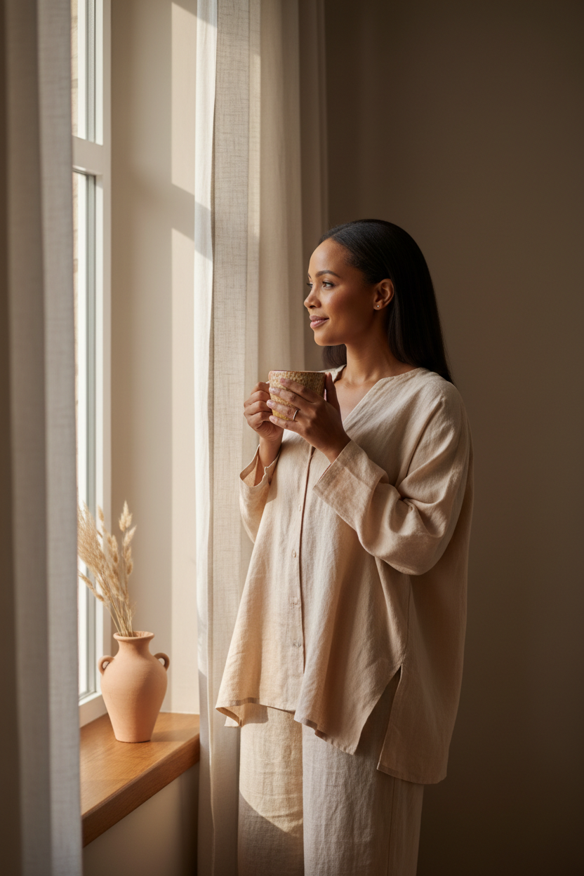A photorealistic editorial photograph of a single South African woman in her early 30s standing by a sunlit window, holding a ceramic mug with both hands, looking outward with a gentle, reflective smile.