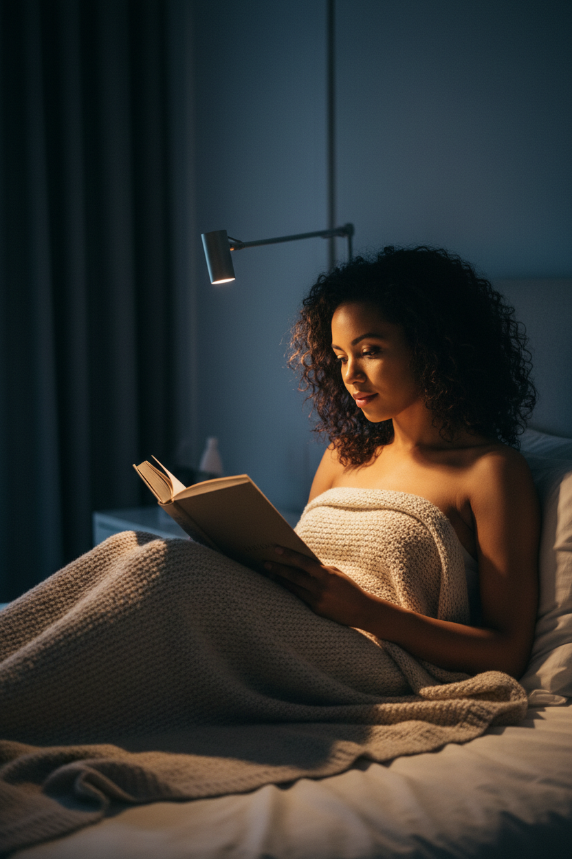 A photorealistic editorial photograph of a single South African woman in her late 20s sitting up slightly in bed during the quiet dark of night, wrapped in a soft beige blanket. A gentle amber reading light illuminates a book resting on her lap.