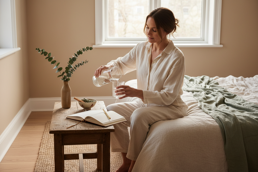 A serene editorial photograph of a woman in soft morning light preparing a simple self-care ritual in a calm, neutral-toned bedroom.