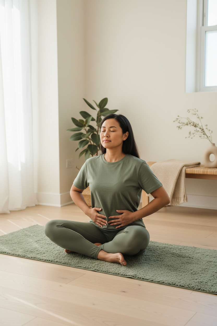 A South African woman in her early thirties, seated on a soft mat in a bright, minimal Scandinavian-inspired room of warm ivory and natural timber, practising gentle diaphragmatic breathing with a calm, natural expression, soft natural light.