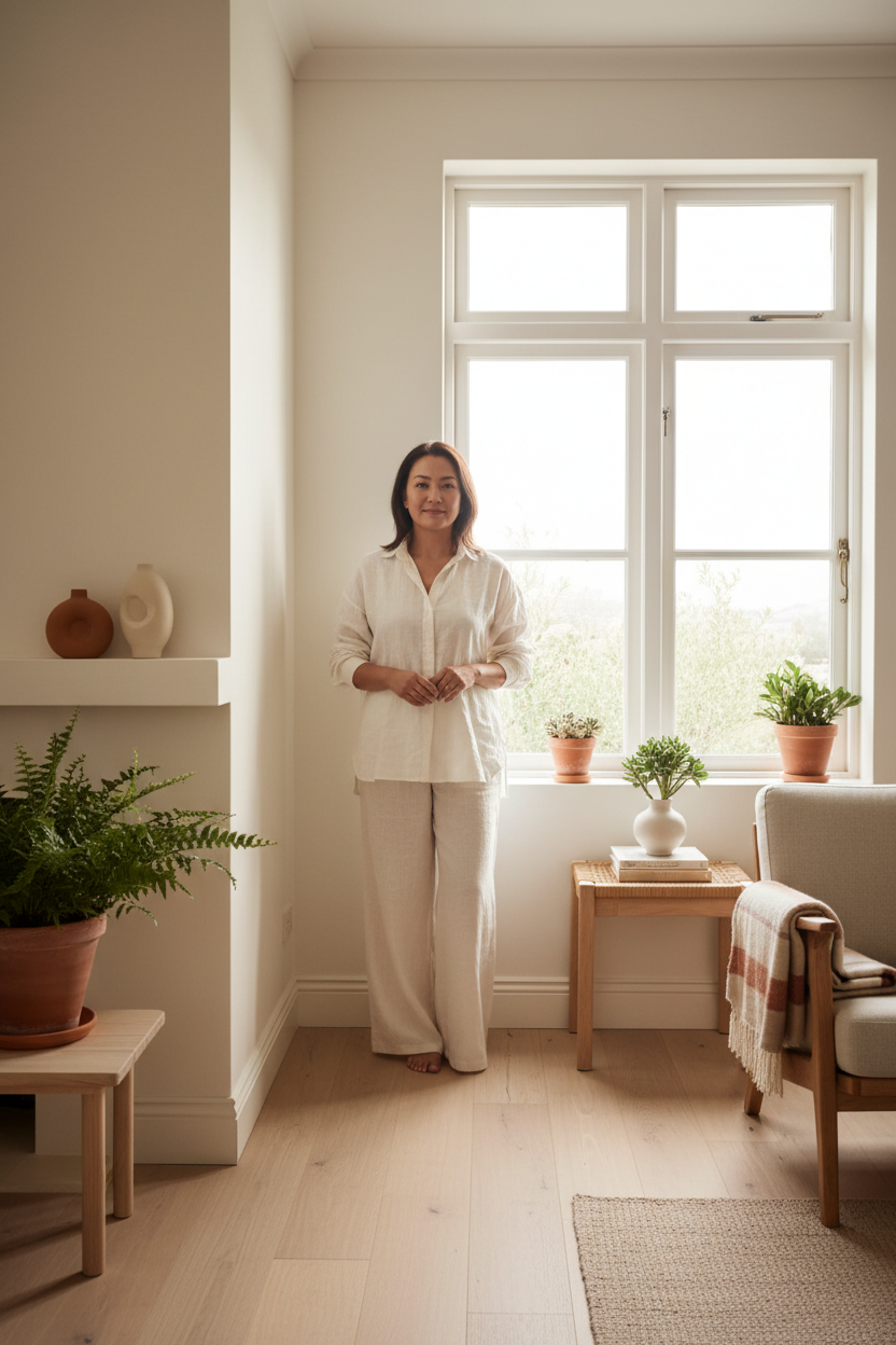 A South African woman in her forties, standing near a large window in early morning light within a calm Scandinavian-inspired interior of warm ivory and natural timber, soft natural expression of quiet presence