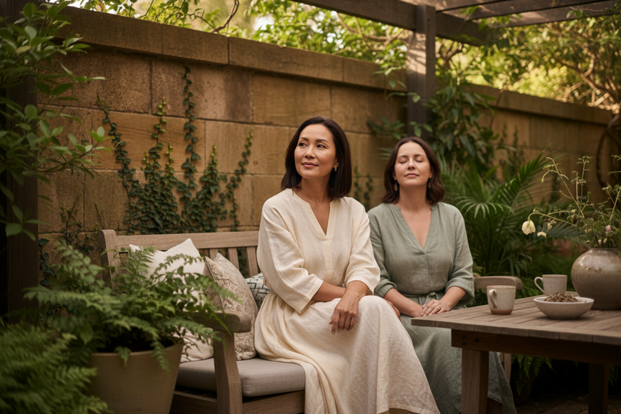 A South African woman in her thirties, sitting outdoors with a soft smile while a trusted friend sits nearby in quiet companionship, natural light, warm ivory clothing and muted sage surroundings, elegant editorial composition