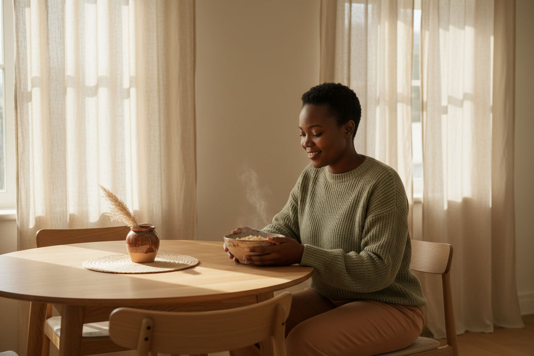 A single South African woman in her early thirties, seated at a sunlit kitchen table in a calm Scandinavian-inspired interior of warm ivory walls, soft beige linen curtains and natural timber. She holds a simple ceramic bowl of warm porridge