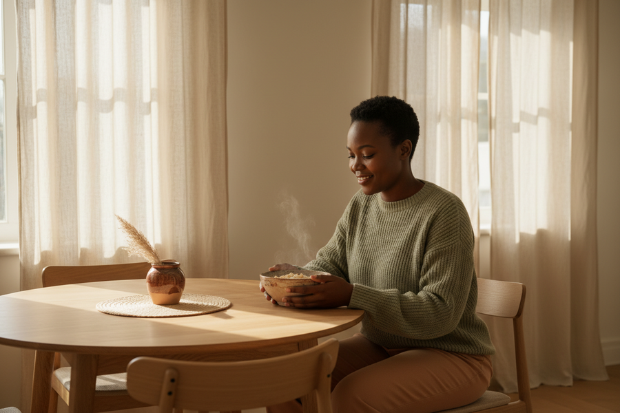 A single South African woman in her early thirties, seated at a sunlit kitchen table in a calm Scandinavian-inspired interior of warm ivory walls, soft beige linen curtains and natural timber. She holds a simple ceramic bowl of warm porridge