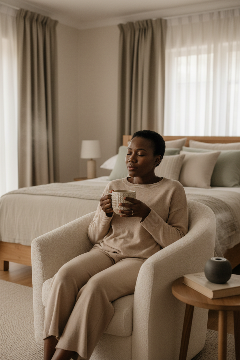A South African woman in her late thirties, seated in a softly lit bedroom of warm ivory and natural timber, holding a ceramic mug of herbal tea with a natural, quiet expression, soft evening light through linen curtains