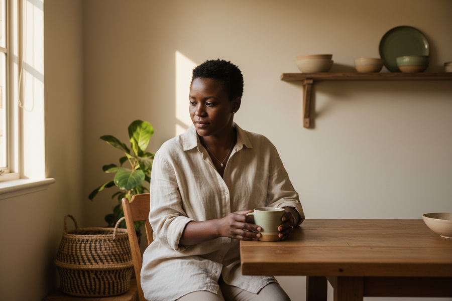 A South African woman in her thirties, sitting at a kitchen table in soft morning light with a thoughtful expression, a cup of tea beside her, warm ivory walls and natural timber, elegant editorial composition