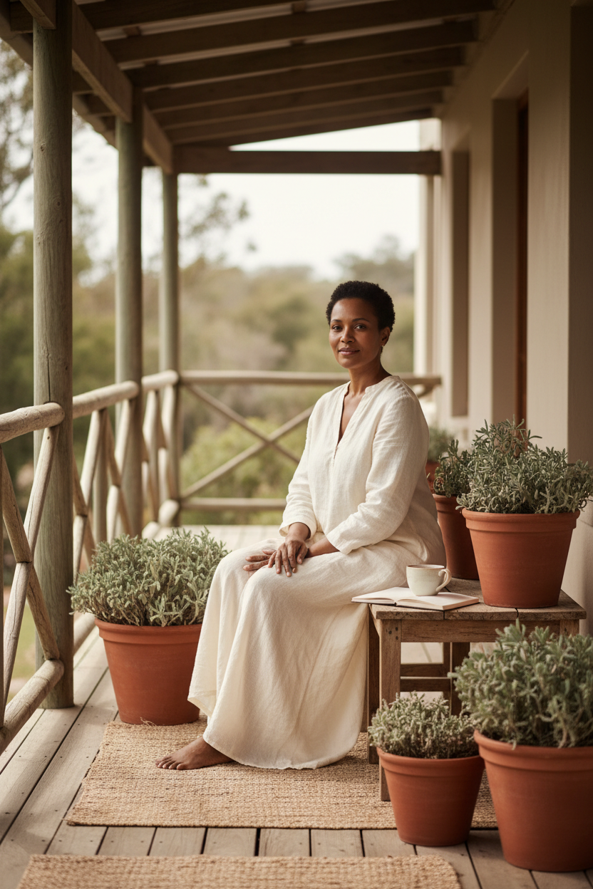 A South African woman in her early forties, sitting alone on a sunlit veranda with a soft expression of quiet presence, surrounded by muted sage plants and natural timber, soft natural light, elegant editorial composition