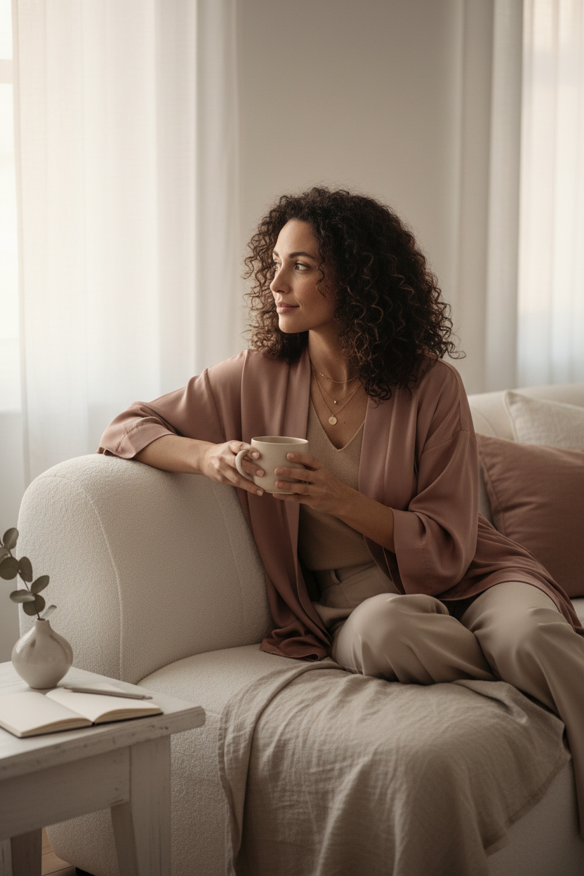 A South African woman in her early thirties, seated on a soft sofa in a calm bedroom of linen white and warm ivory, looking thoughtfully toward a window with a soft, open expression, elegant editorial composition