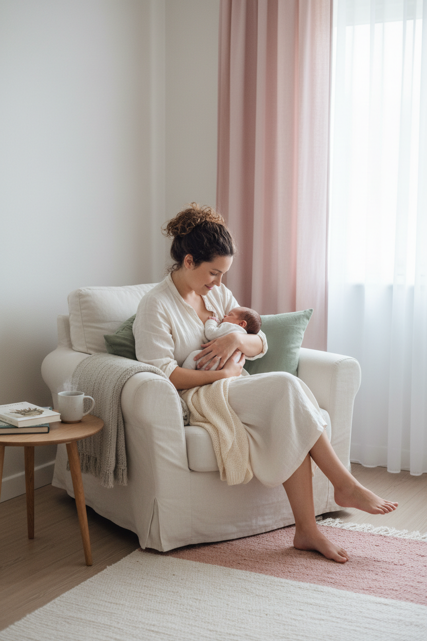 A South African woman in her late twenties, seated in a soft armchair by a window in a serene Scandinavian-style room of linen white and muted sage