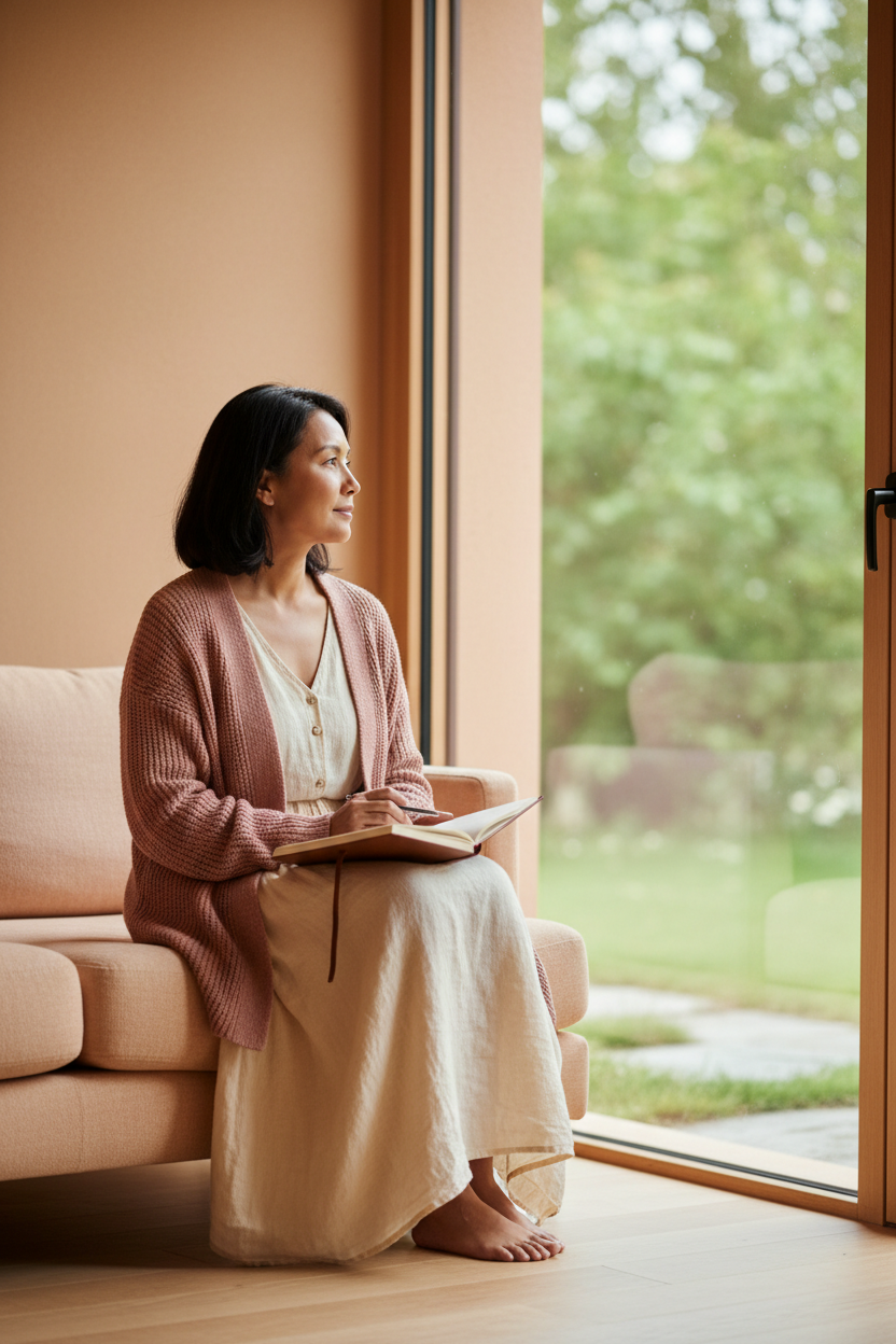 A South African woman in her early fifties sitting quietly by a large window in a serene, modern living space. She is looking out at a gentle garden view, wearing an open dusty-rose cardigan over a warm ivory linen dress.