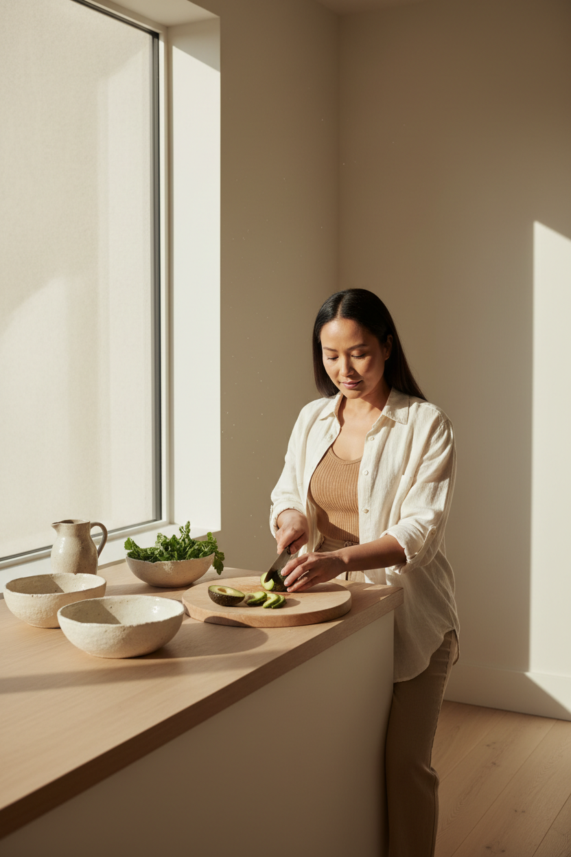 A South African woman in her late forty sitting in a sun-drenched, minimalist kitchen corner. She is dressed in an open cream linen shirt over a warm-tan tank top, gently cutting a fresh avocado on a clean wooden chopping board.