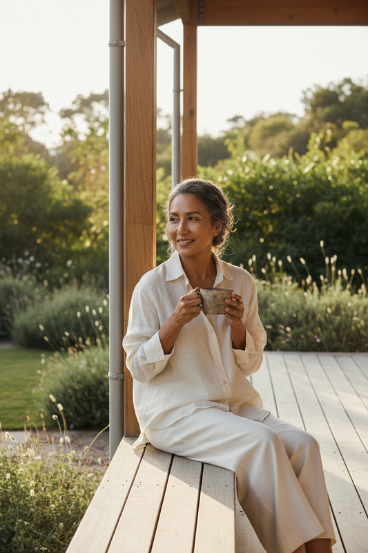A South African woman in her mid-sixties sitting gracefully on a sunny veranda overlooking a quiet, verdant garden. She is wearing a soft oat-colored linen shirt and cream trousers, sipping tea from a delicate clay mug with a serene, confident smile.
