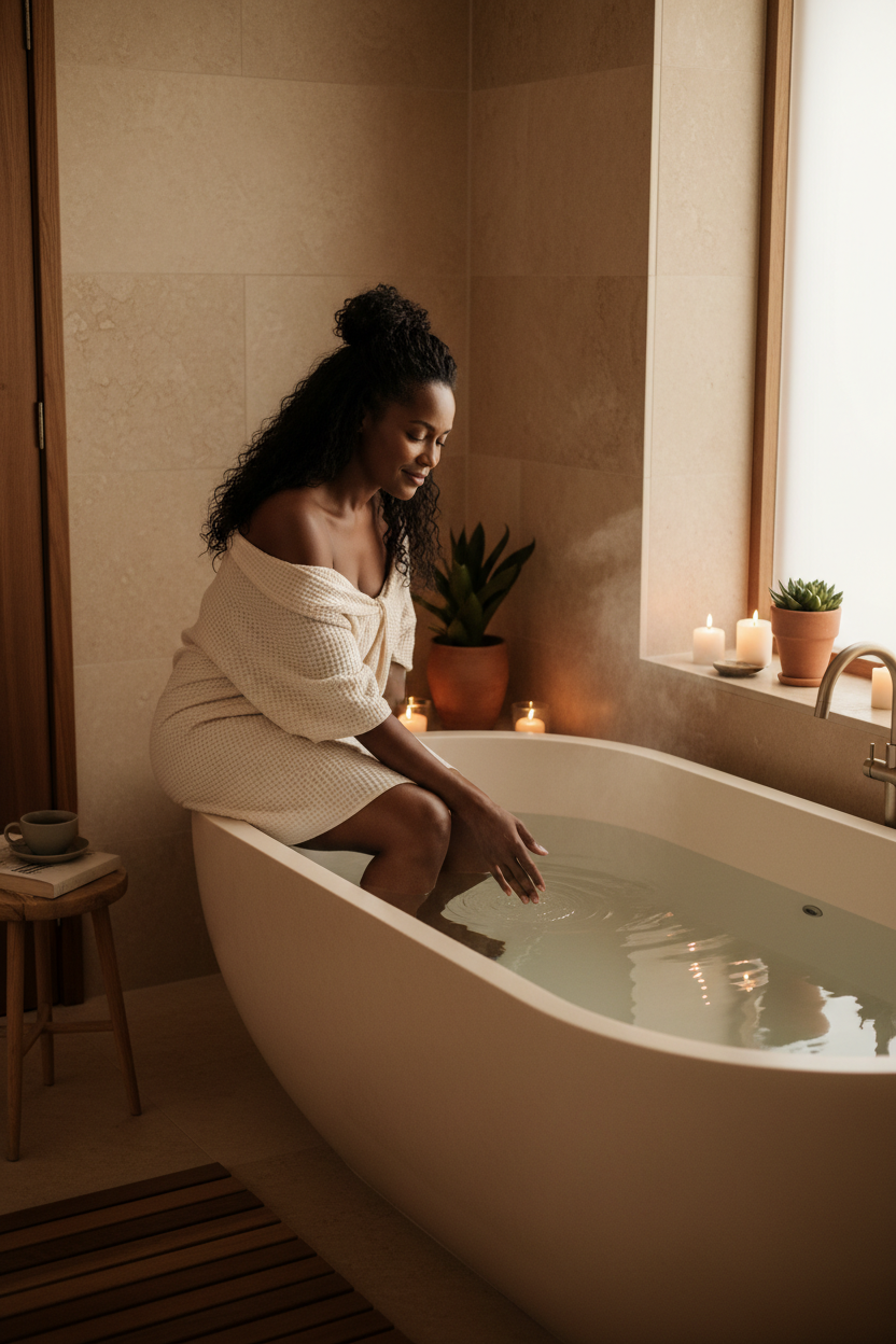 A South African woman in her early fortize sitting peacefully by the edge of a minimalist freestanding bathtub filled with warm water. Soft candlelight illuminating warm sandstone wall tiles and natural timber accents.