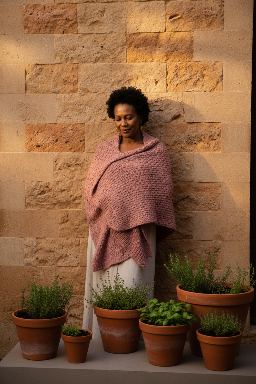 A South African woman in her early fifties leaning thoughtfully against a warm sandstone courtyard wall in soft afternoon light. She is wrapped in a soft dusty-rose knitted shawl, looking down with a peaceful, self-compassionate expression.