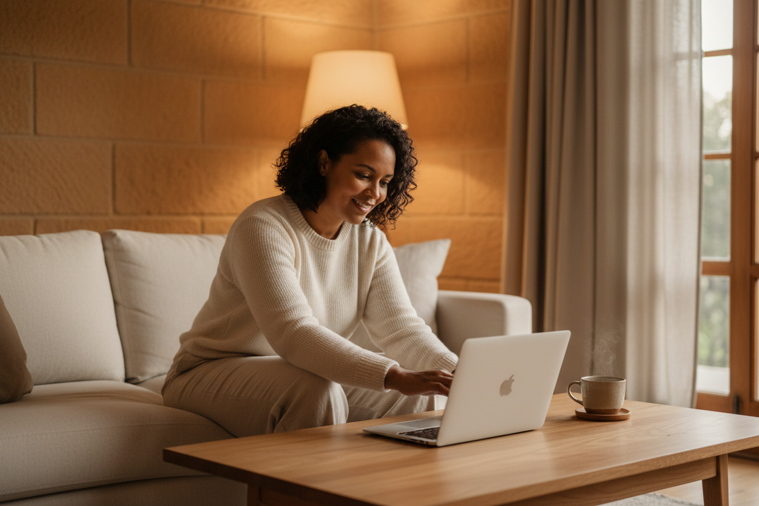A South African woman in her late thirties closing a laptop on a oak coffee table in a warm, softly lit living room at twilight. She is wearing a cozy cream knit sweater and linen trousers, with a serene, relieved smile on her face.