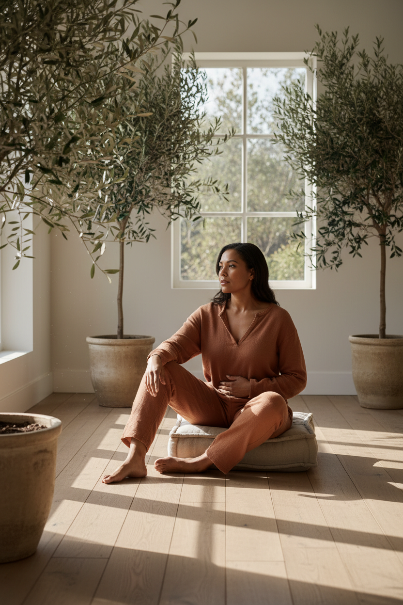 A single South African woman in her late thirties sitting comfortably on a low linen cushion in a peaceful, sunlit sunroom with natural timber floors and potted olive trees.