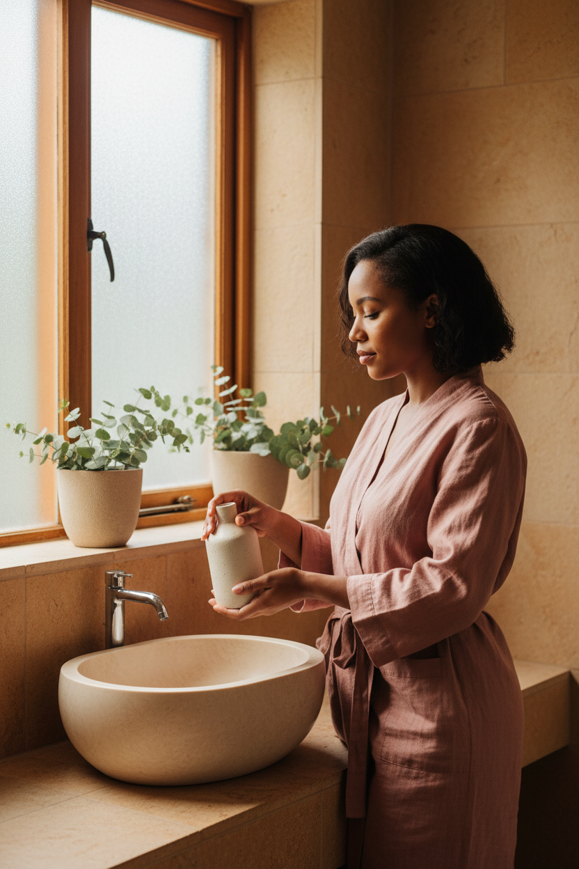 A South African woman in her late twenties standing in a serene, sunlit bathroom nook. She is wearing a soft dusty-rose linen robe, gently holding a minimalist ceramic bottle near a washbasin with a peaceful, thoughtful gaze.