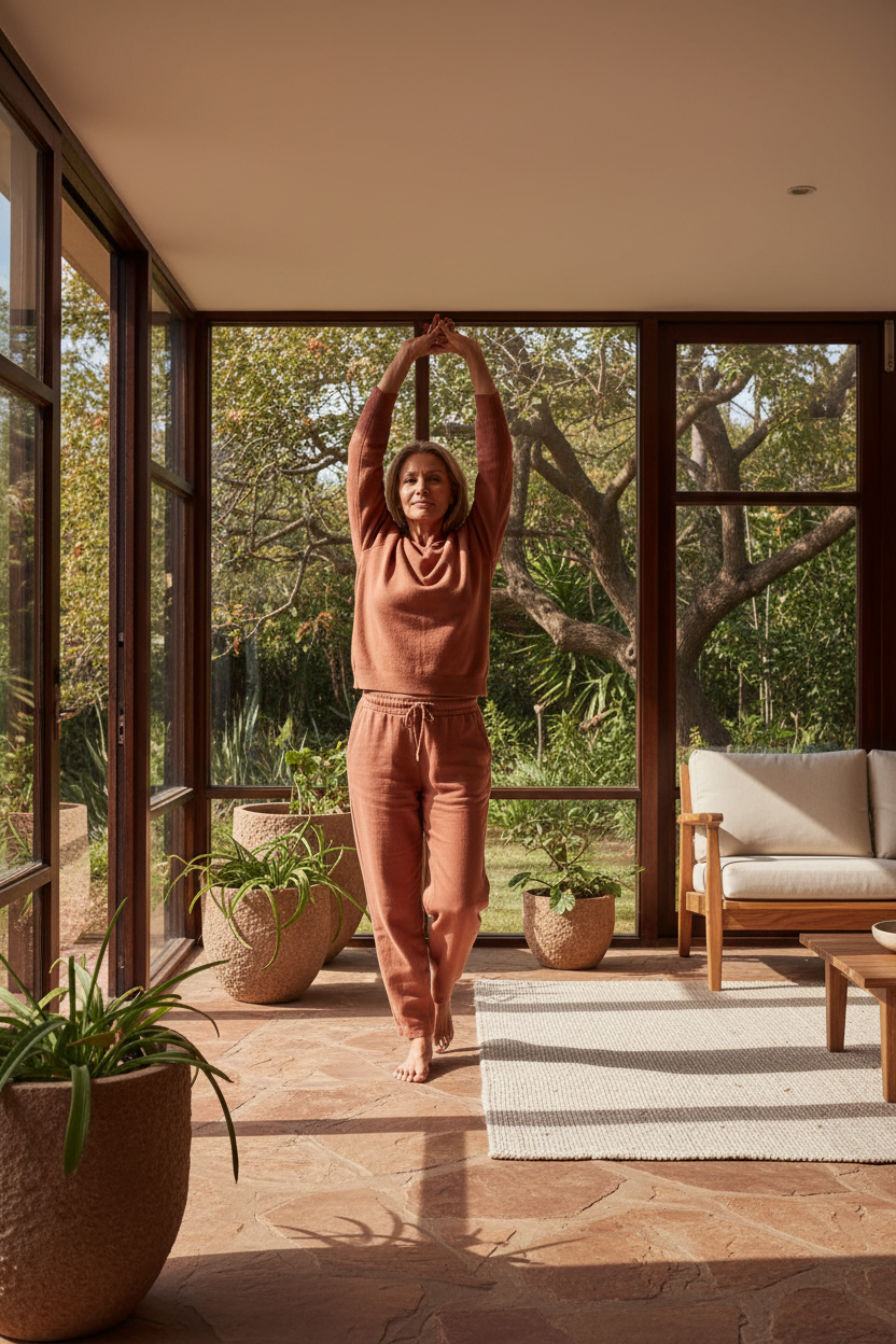 A South African woman in her late fifties standing barefoot in a sun-drenched sunroom with natural stone floors. She is dressed in soft terracotta-toned organic cotton loungewear.