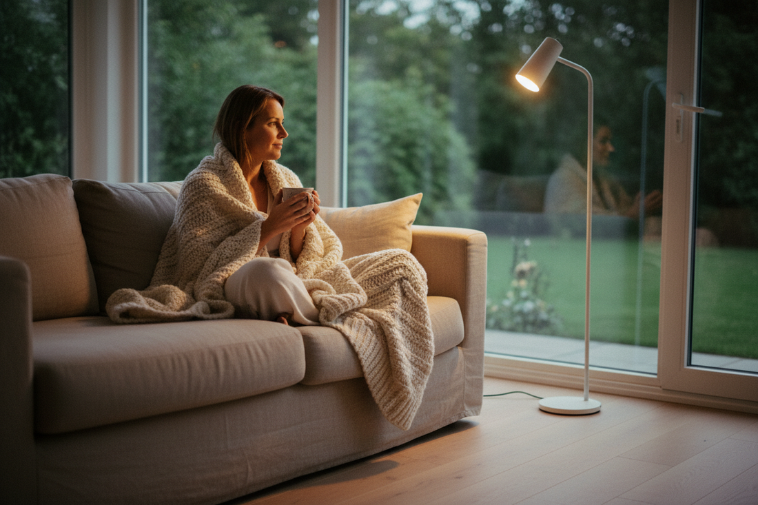 A South African woman in her late thirties sitting comfortably on a soft beige linen sofa at dusk. She is curled up with a warm throw blanket around her shoulders, holding a warm cup of herbal tea with both hands.
