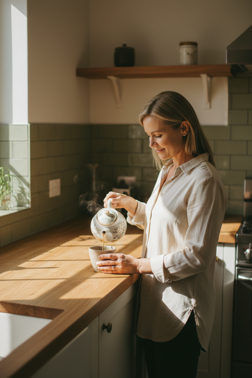 A single South African woman in her mid-forties standing quietly in a serene, sun-drenched kitchen corner. She is pouring warm herbal tea from a ceramic teapot into a minimalist clay cup, looking down with a peaceful, soft expression.