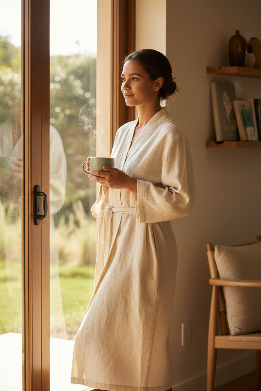 A South African woman with a calm, natural expression standing by a sunlit window wrapped in a soft linen robe, holding a warm ceramic mug of tea, elegant editorial composition, premium wellness magazine aesthetic