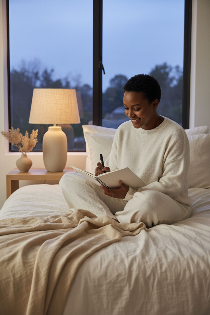 A single South African woman with a natural expression sitting comfortably on a linen-draped bed at dusk, softly writing in a minimalist notebook by the warm glow of a ceramic bedside lamp, elegant editorial composition