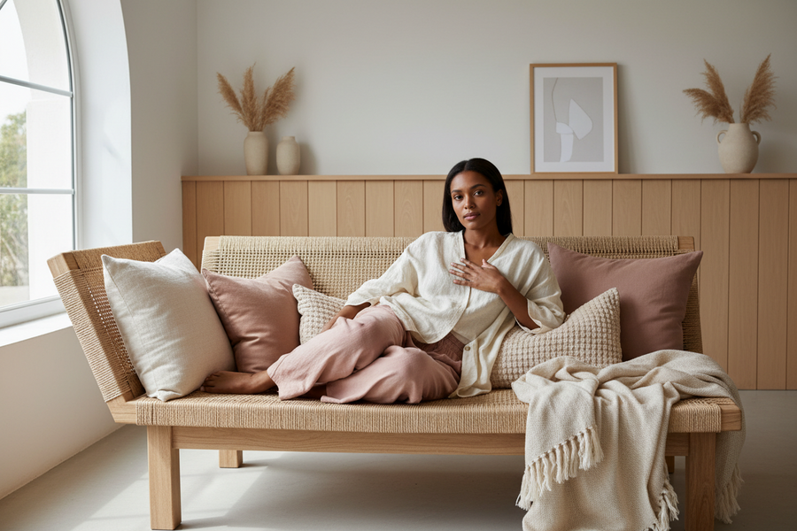 A single South African woman with a peaceful, relaxed expression resting comfortably on a woven linen daybed with her hand gently resting on her chest, elegant editorial composition, premium wellness magazine aesthetic, Scandinavian-inspired simplicity