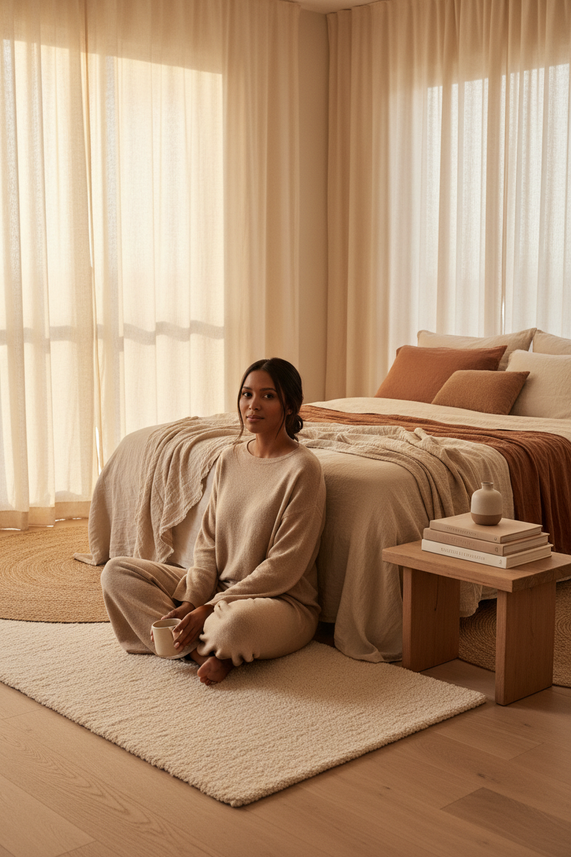A single South African woman with a serene expression sitting in a softly lit bedroom with heavy linen curtains filtering ambient evening light, elegant editorial composition, premium wellness magazine aesthetic