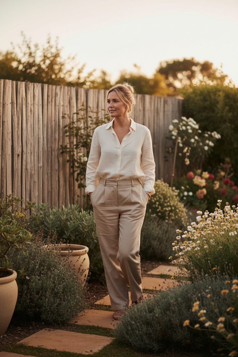A South African woman in her late thirties, walking slowly in a quiet garden at dusk with a soft, reflective expression, natural timber fence and muted sage foliage, soft natural light, elegant editorial composition