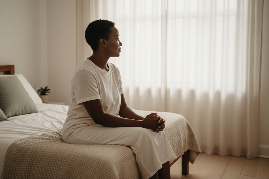 Woman sitting quietly on her bed in soft morning light after a wakeful night of insomnia.