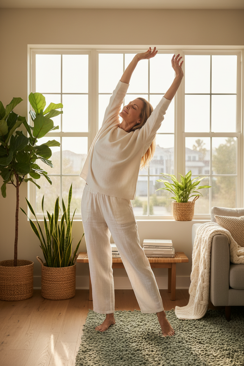 Editorial lifestyle photograph of a confident woman in her early 50s enjoying a peaceful morning in a light-filled home, stretching beside a large window.