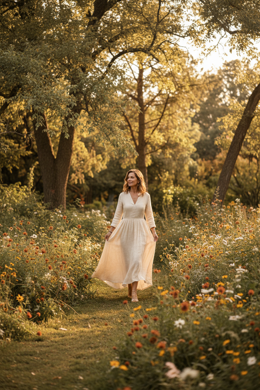 An image of a woman walking along a path. The path has flowers on the side and there are trees in the bvackground. The image represents the "second Spring" in a woman's life.