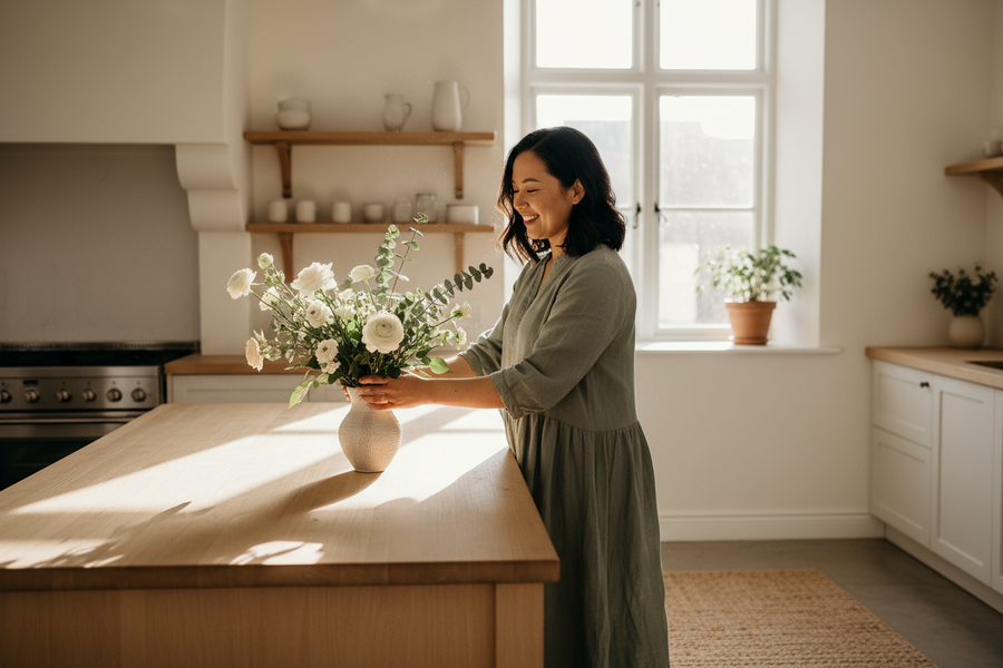 Asian South African woman in her late 20s arranging fresh flowers in a sunlit kitchen, soft linen dress, warm morning light, authentic smile