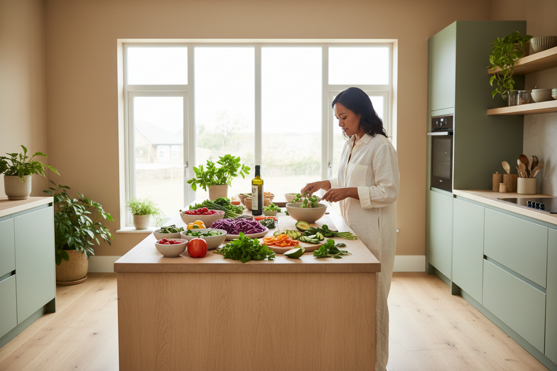 Asian South African woman in her late 30s preparing a colourful anti-inflammatory inspired lunch with fresh vegetables, berries, herbs and olive oil in a bright modern kitchen, soft linen clothing, natural morning light