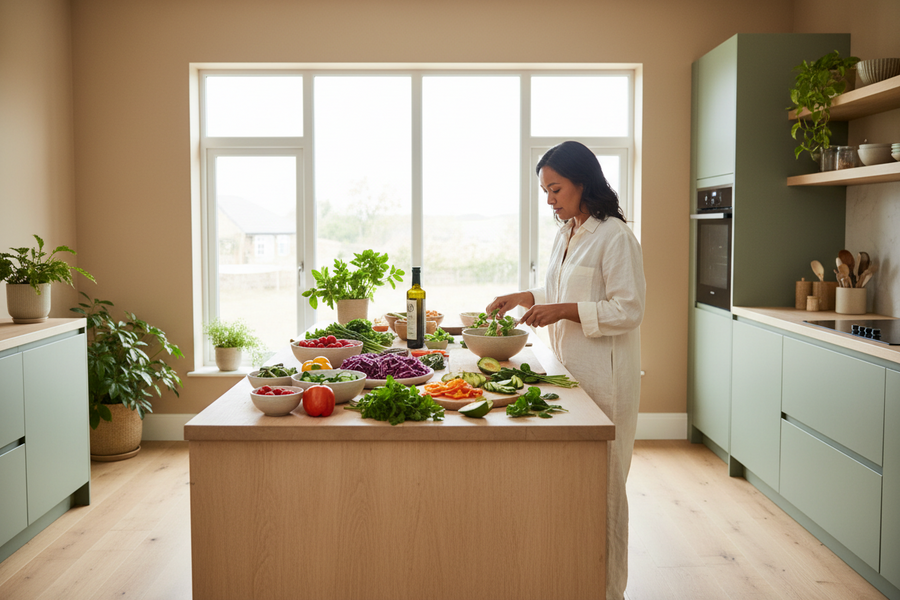 Asian South African woman in her late 30s preparing a colourful anti-inflammatory inspired lunch with fresh vegetables, berries, herbs and olive oil in a bright modern kitchen, soft linen clothing, natural morning light
