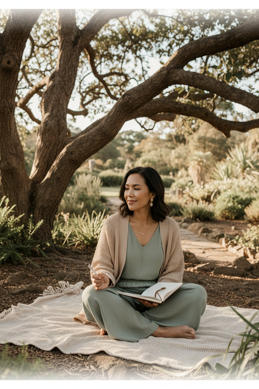 Asian South African woman in her late 40s sitting beneath a large tree in a peaceful botanical garden with a journal resting on her lap, soft linen clothing, thoughtful gentle smile, golden afternoon light, premium wellness magazine aesthetic