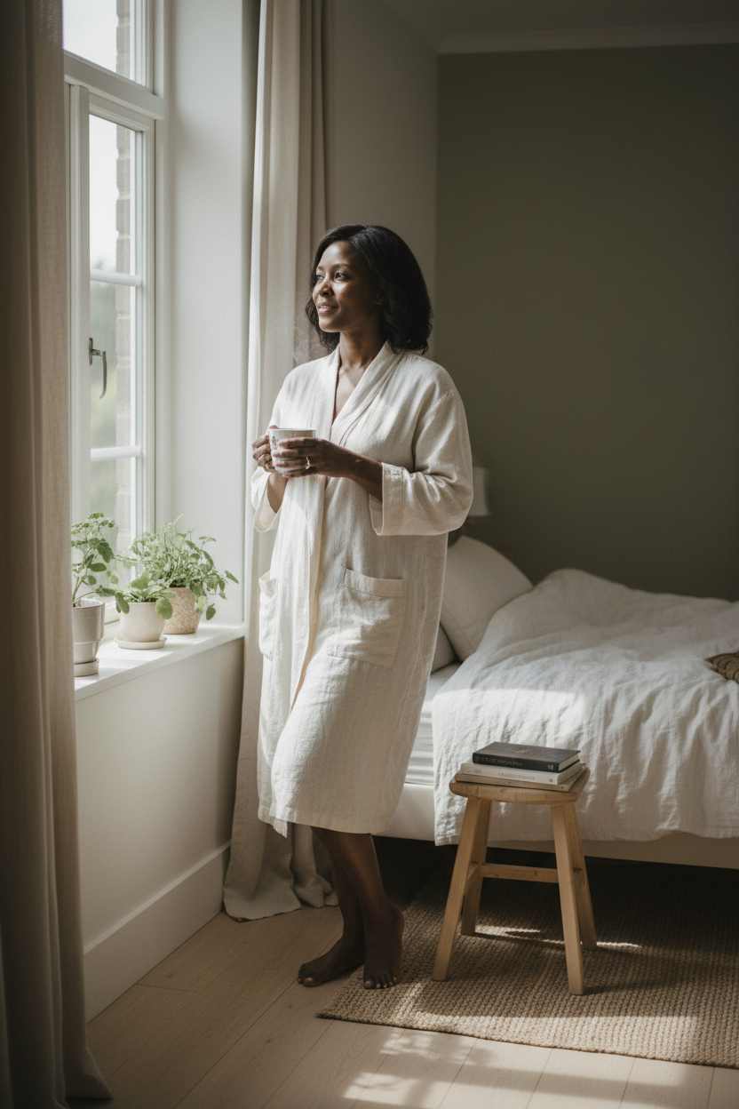 Black South African woman in her early 40s standing beside a bright bedroom window holding a warm cup of herbal tea, thoughtful yet confident expression, soft linen robe, natural morning light