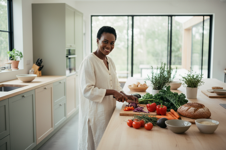 Black South African woman in her early 50s preparing a colourful, wholesome lunch in a bright modern kitchen, fresh vegetables, herbs and whole foods on a wooden countertop